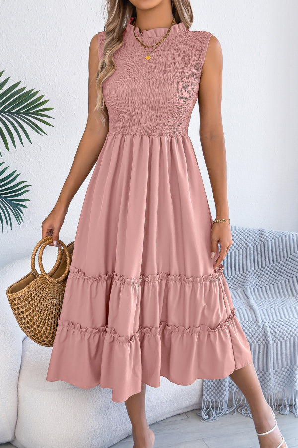 Solid Color Sleeveless Tucked Patchwork Casual Midi Dress