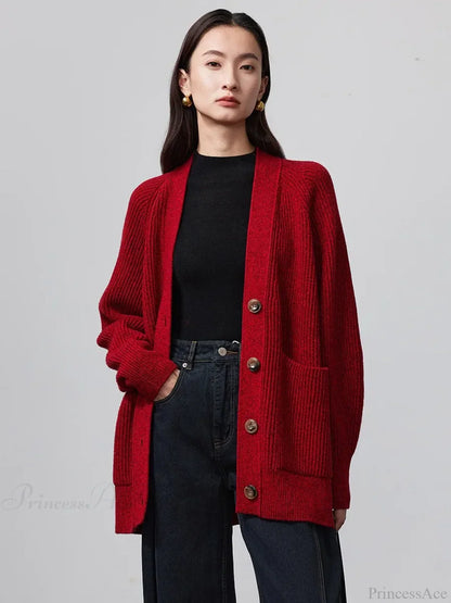 100% Merino Wool V-Neck Thicken Cardigan