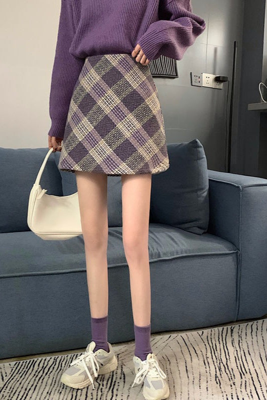 Falda acampanada de lana a cuadros de talle alto