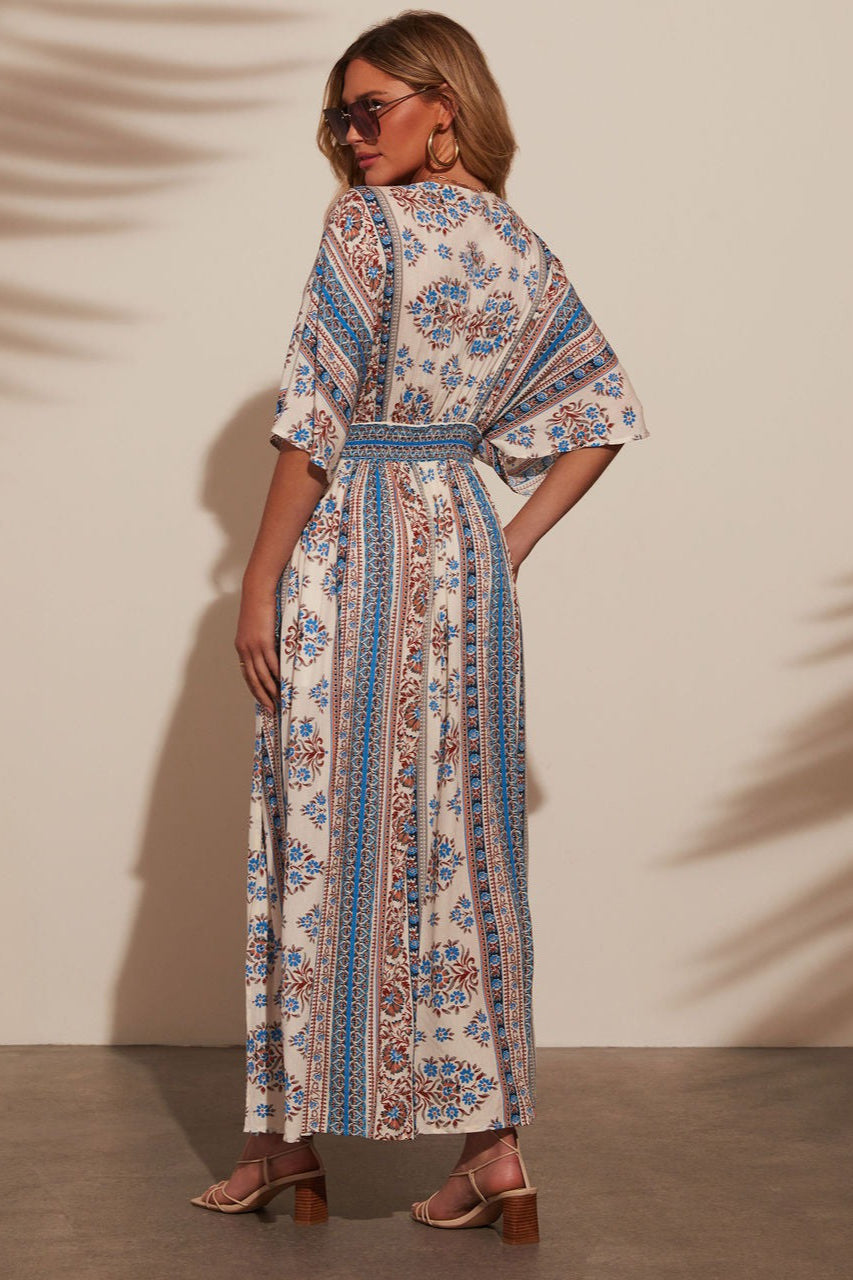 Floral Print V-neck Short Sleeve Maxi Dress