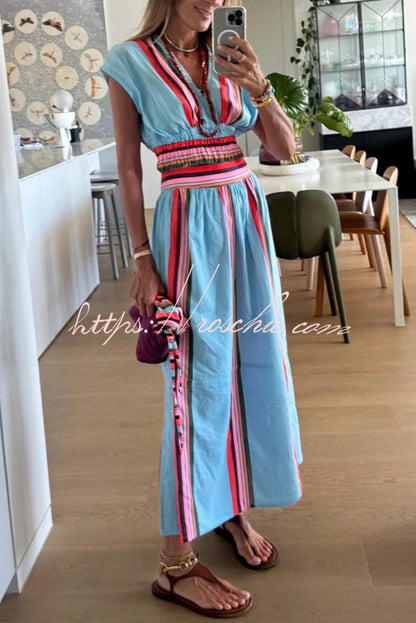 Stylish Striped Print V-neck Cropped Top and Elastic Waist Casual Maxi Skirt Set