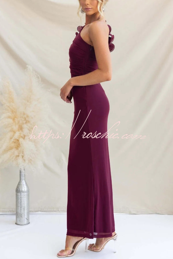Fashionable Mesh Sleeveless One-shoulder Waist-revealing Maxi Dress