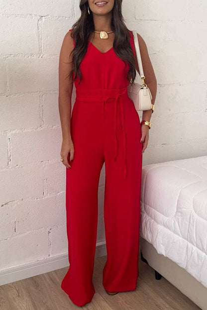 Elaris Linen Blend V-neck Tie-up Waist Pocketed H-line Wide Leg Jumpsuit