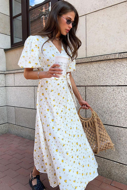 Vestido midi de algodón estampado con mangas abullonadas
