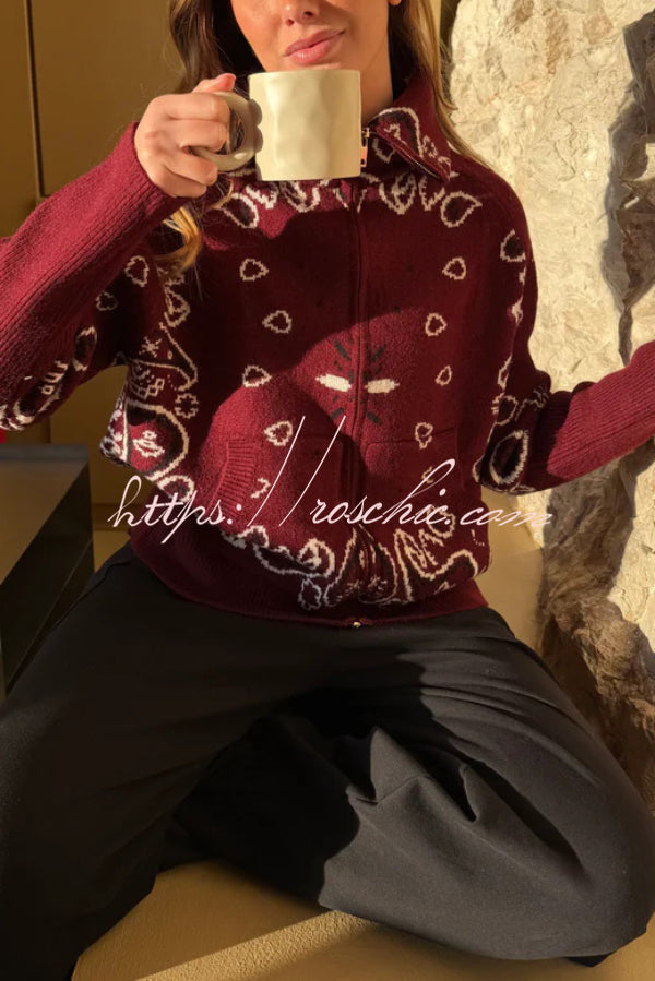 Fashionable Jacquard Turtleneck Long-sleeved Casual Zip-up Pocket Knit Top