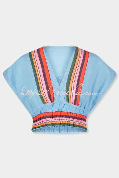 Stylish Striped Print V-neck Cropped Top and Elastic Waist Casual Maxi Skirt Set