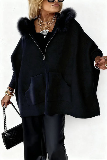 Warm Call Knit Long Sleeve Zipper Plush Hooded Pocket Loose Cardigan