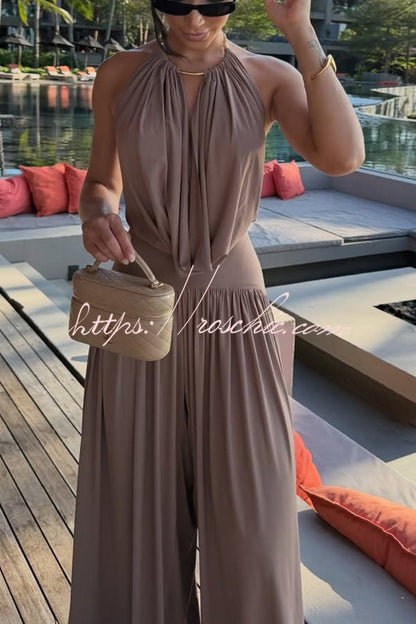 Lightweight Chic Metal Ring Drape Cowl Halter Neck Bodysuit and Elastic Waist Wide Leg Pants Set