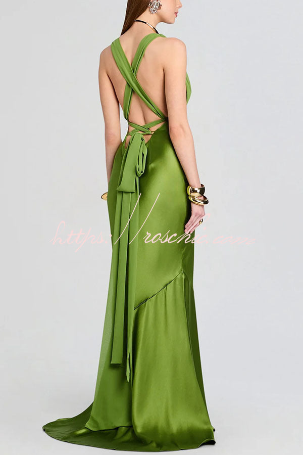 Fig Tulle Satin Patchwork Back Lace-up Drape Flare Maxi Dress