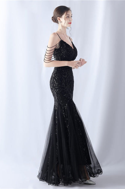 Vestido maxi de cóctel de malla con abalorios