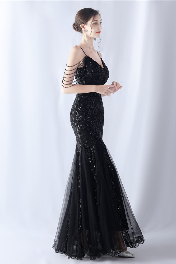 Vestido maxi de cóctel de malla con abalorios