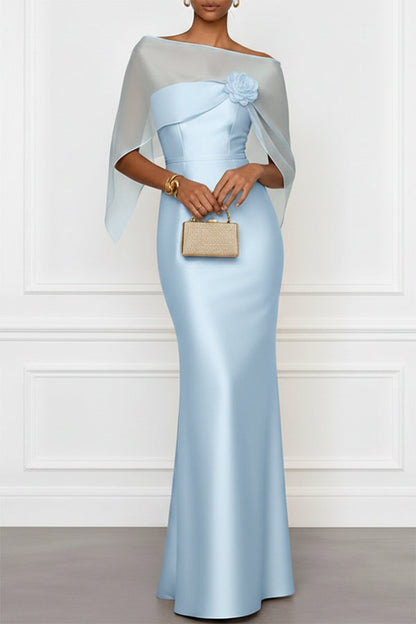Lucero 3D Floral Satin Boat Neck Short Sleeve Sheath Capelet Gown Maxi Dress