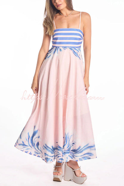 Unique Print Square Neck Spaghetti Strap Back Gathered Maxi Dress