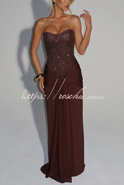 Carina Sequined and Satin Jersey Off Shoulder Ruched Knot Drape Maxi Dress