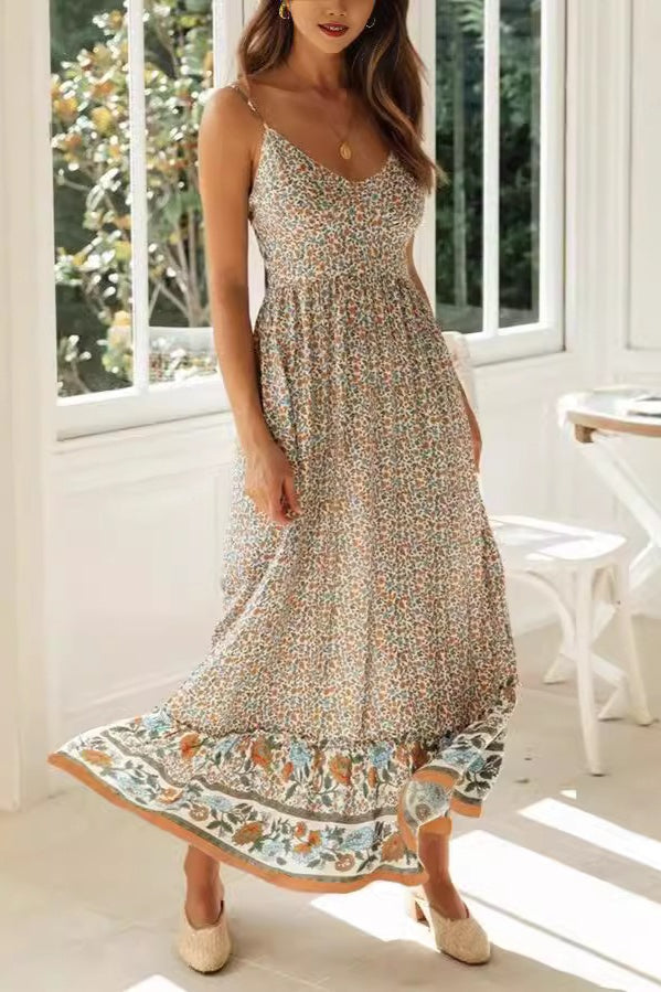 Bohemian Floral V Neck Cami Flare Boho Dress