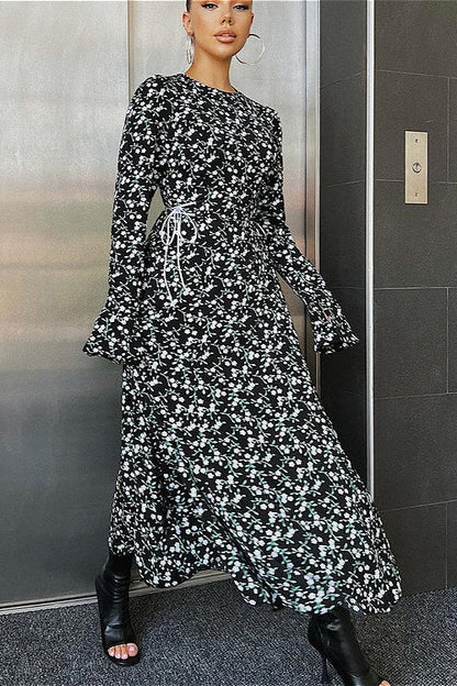 Flared Sleeve Round Neck Ruched Waist Floral Dress