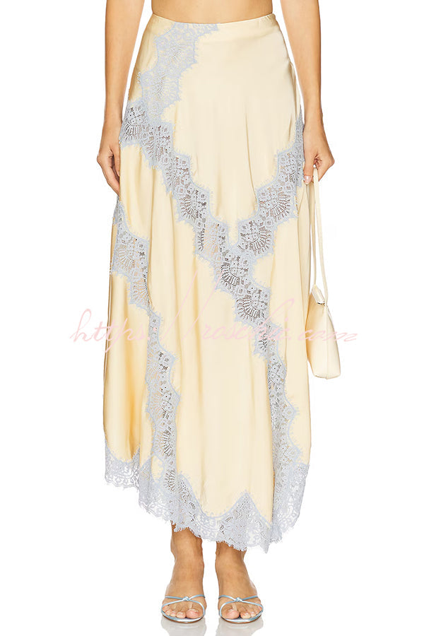 Wine Tasting Contrast Color Satin Lace Trim Irregular Hem Drape Midi Skirt (Shipped Within 24 Hours)