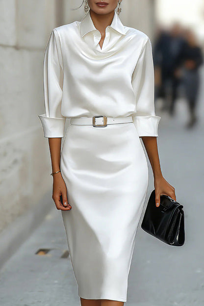 Solid Color Satin Lapel Long Sleeve Elegant Slim-fit Midi Dress