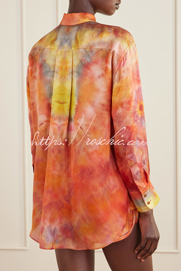Vibrant Vacation Satin Tie-Dye Print Button Long Sleeve Shirt and Elastic Waist Pocket Shorts Set