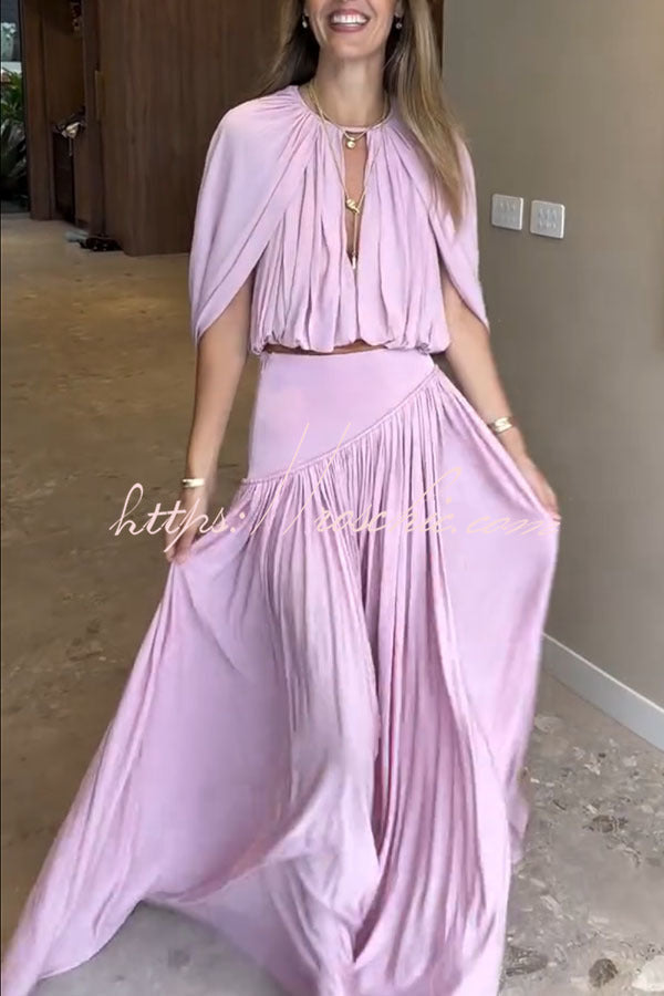 Venus Cutout Neck Slit Sleeve Crop Ruched Top and High Rise Pleated Maxi Skirt Set