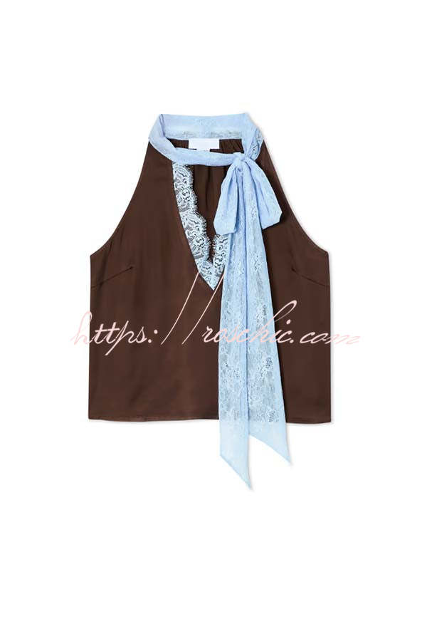 Sunday Social Contrast Color Satin Lace Trim Neck Strap Loose Tank (Shipped Within 24 Hours)