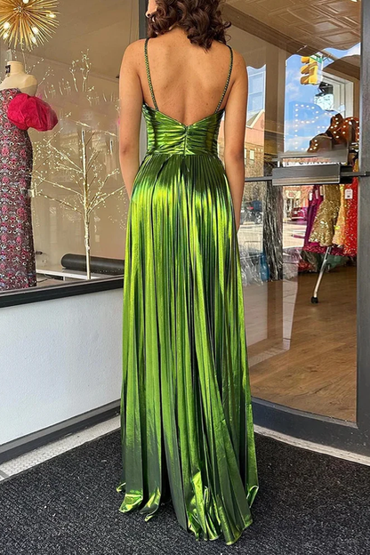 Queen Style Metallic Fabric Cross Neck Cutout Slit Pleated Maxi Dress (Shipped Within 24 Hours)