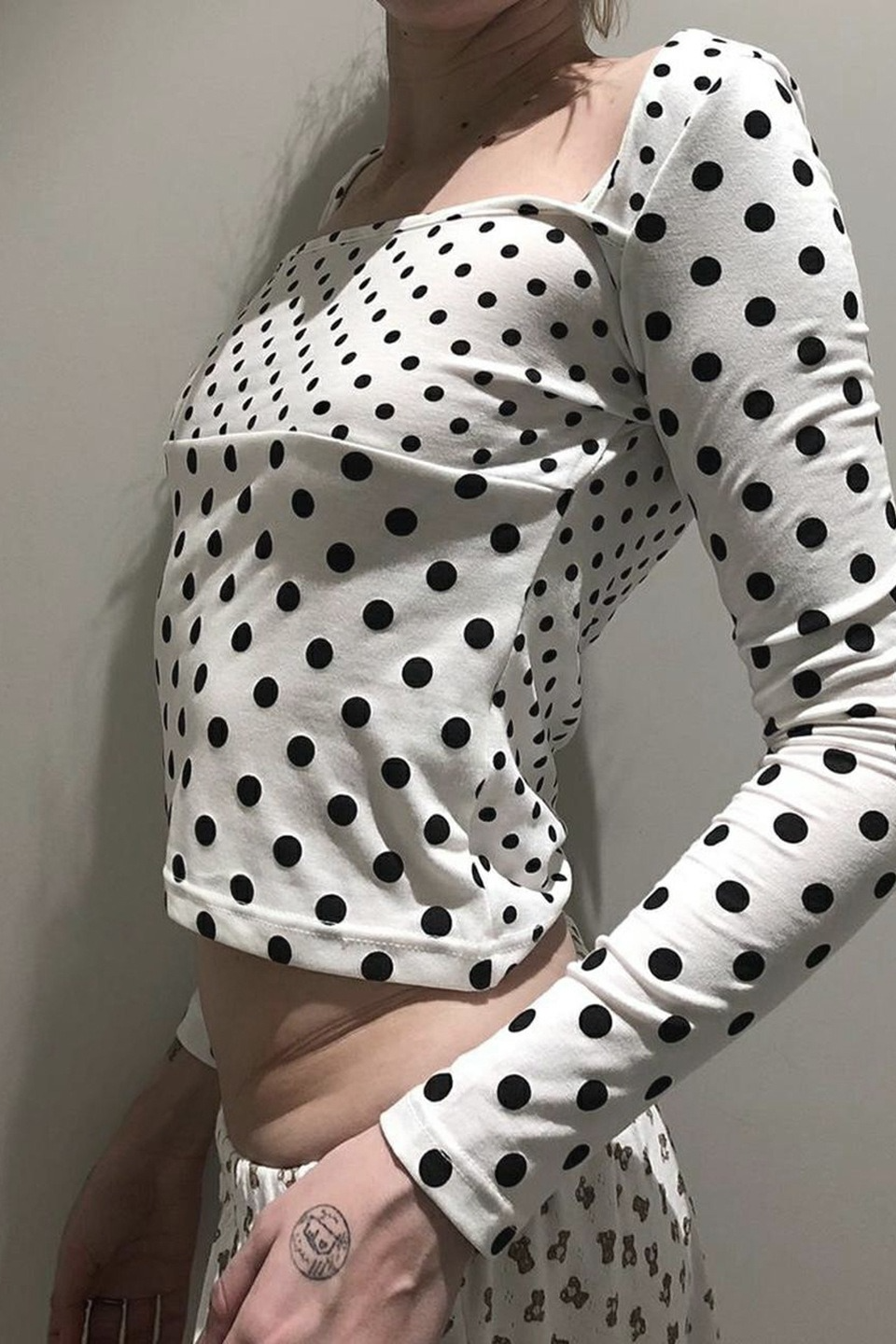 Polka Dot Contrast Trim Square Neck  Crop Top