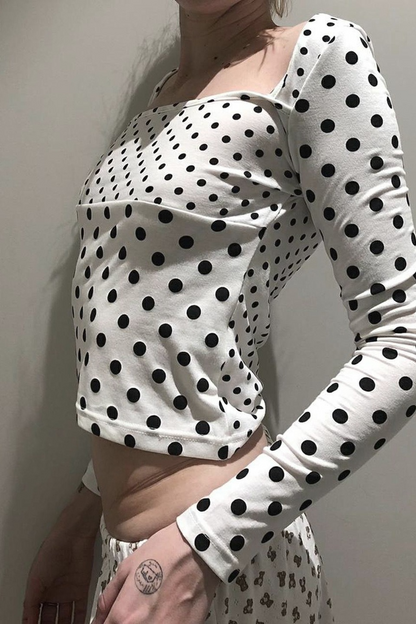 Polka Dot Contrast Trim Square Neck  Crop Top