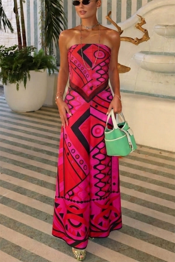 Annalisa Satin Unique Print Scarf Strapless Top and High Rise Wide Leg Pants Set