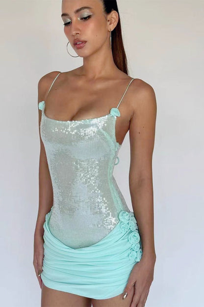 Sequin Sheer Floral Slip Dress