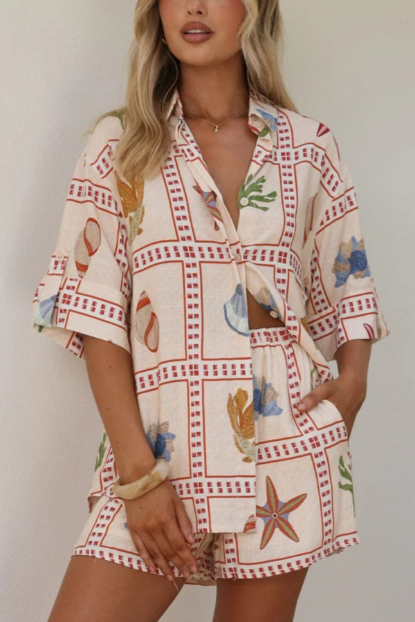 Linen Blend Shell Print Loose Short-sleeved Shirt and Elastic Waist Pocket Casual Shorts Set
