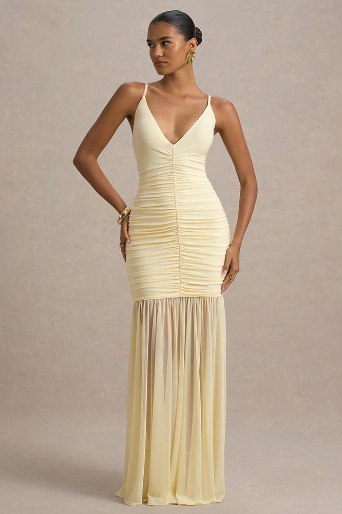 Sheer Plunge Ruffle Slip Dress