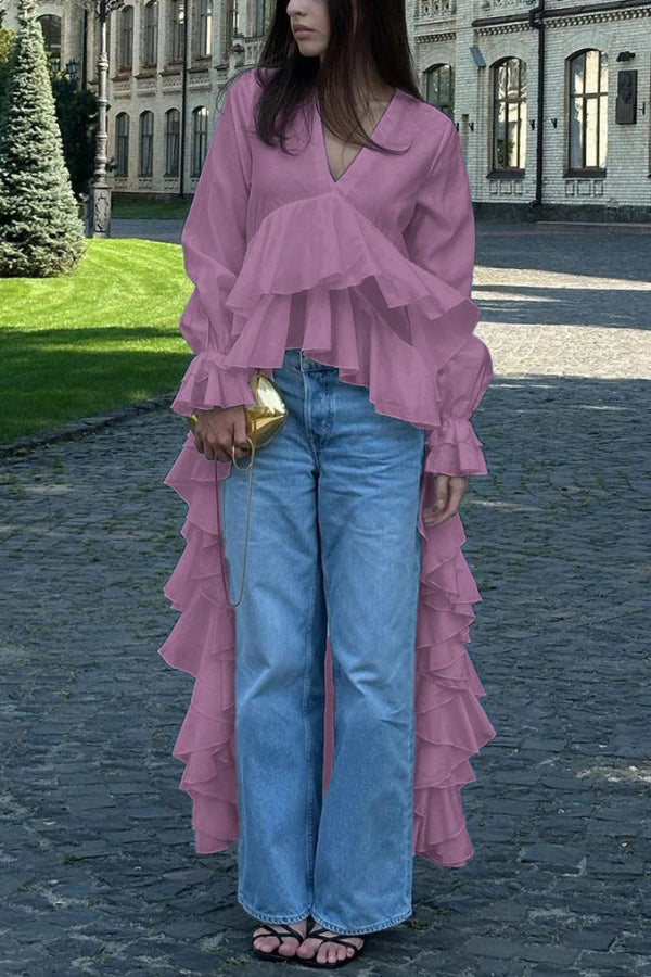 Solid Color V-neck Long-sleeved Ruffled Hem Long Shirt Top