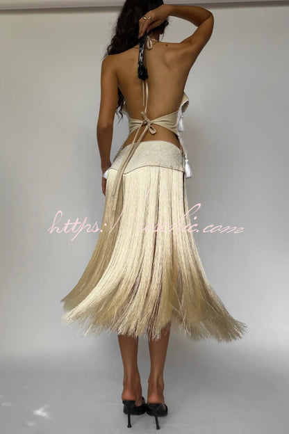 Fashionable Lace Appliqué Tassel Hem Vacation Maxi Skirt