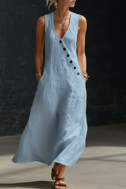 Linen Blend Solid Color V-neck Sleeveless Button-down Casual Pocket Midi Dress