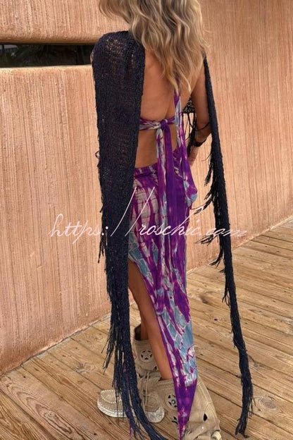 Unique Printed Halter Neck Waist-revealing Asymmetrical Maxi Dress