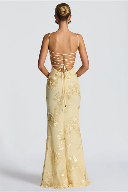 Vestido de graduación sólido con apliques 3D, almohadilla de hueso y espalda con lazo