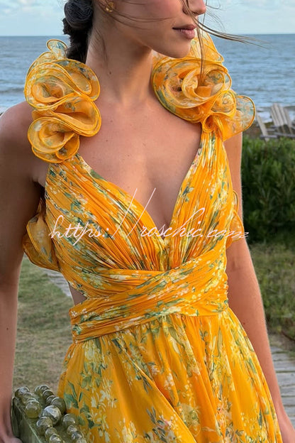Delicate Garden Chiffon Floral Print Tiered Ruffle Cutout Back Lace-up Gown Maxi Dress