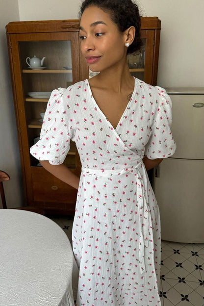 Vestido midi de algodón estampado con mangas abullonadas