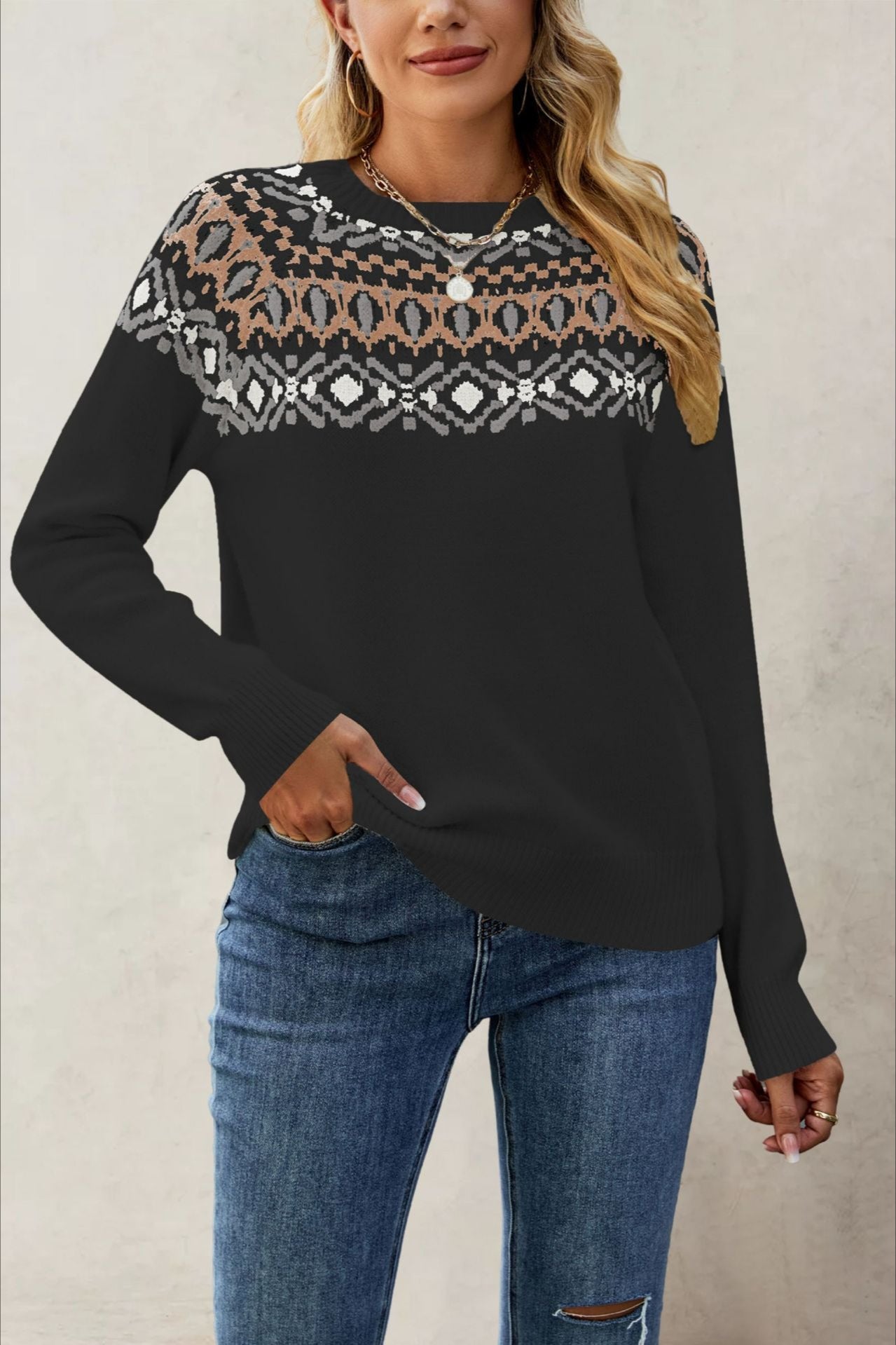 Suéter Jacquard de Punto Cuello Redondo