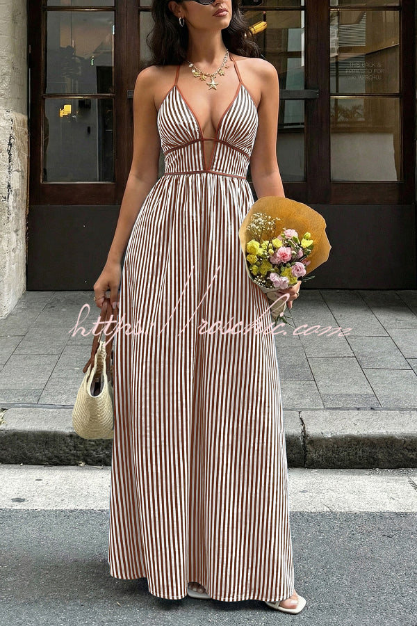 Striped Print V-Neck Sleeveless Backless Holiday Maxi Dress