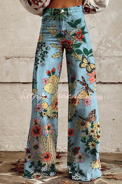 Casual Floral Print Button Pocket Wide Leg Pants
