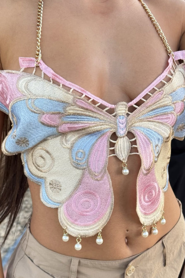 Fashionable Embroidered Butterfly Chain Halter Tank Tops