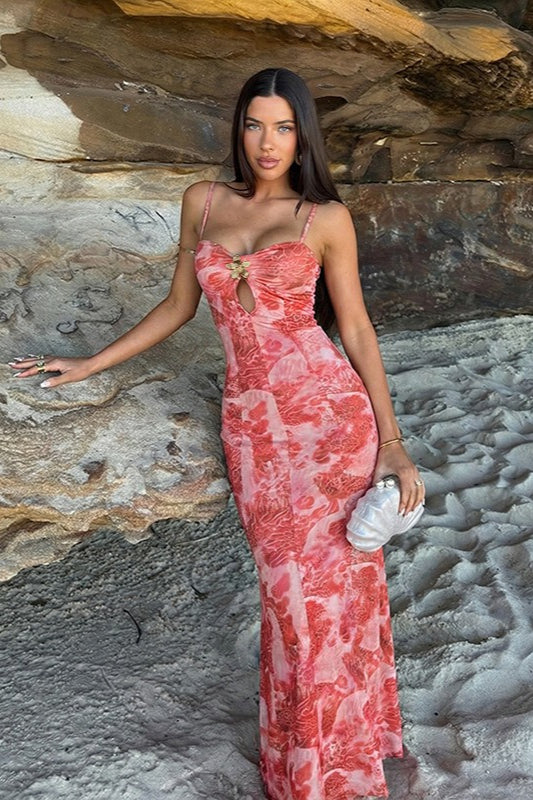Vestido maxi playero elástico con estampado y aberturas en el cuello halter