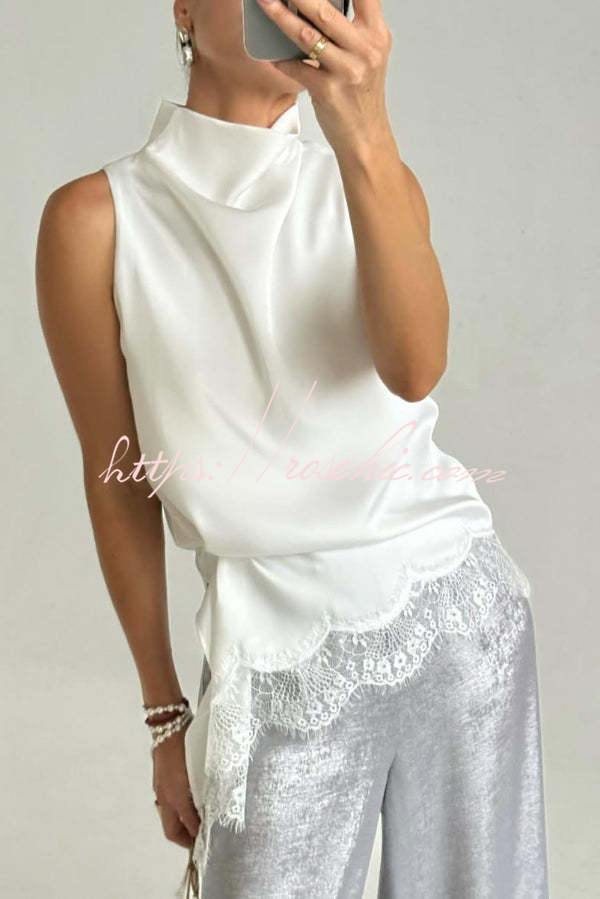 Solid Color Satin Spliced lace Sleeveless Irregular Casual Top