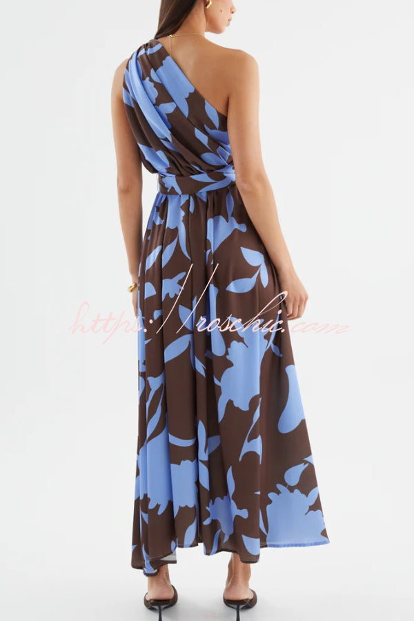 Unique Printed One-Shoulder Belt Casual Holiday Maxi Dress