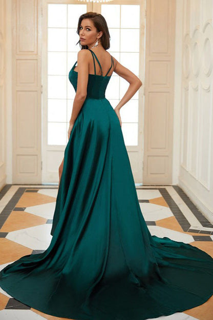 Vestido largo de fiesta de satén con abertura