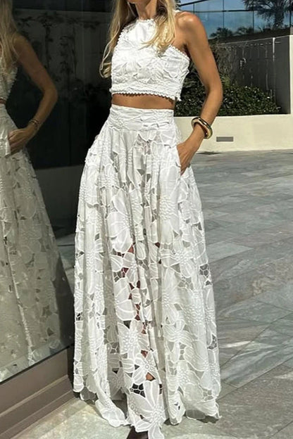 Vestido Boho Suelto de Dos Piezas de Playa con Encaje Calado