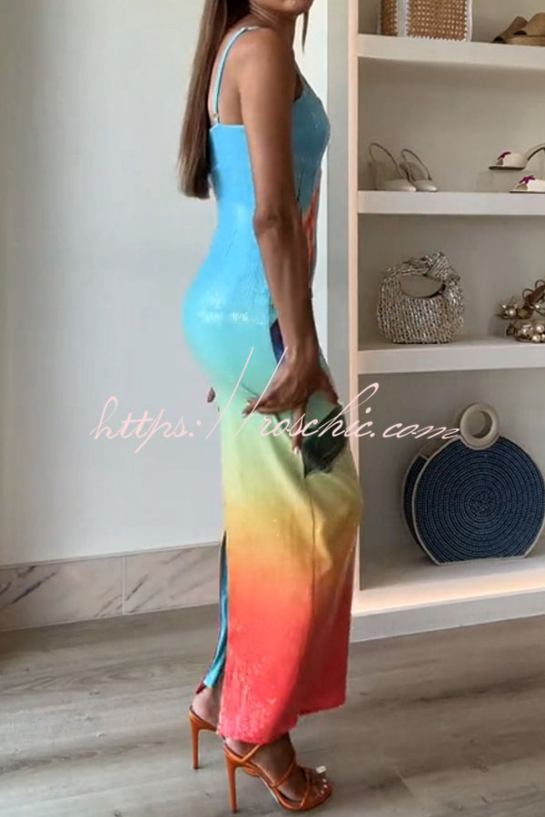 Dreamy Dreamy Sequin Unique Floral Gradient Print Slit Stretch Maxi Dress