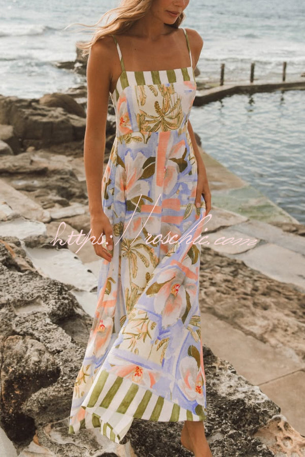 Unique Print Square Neck Spaghetti Strap Waist Casual Maxi Dress